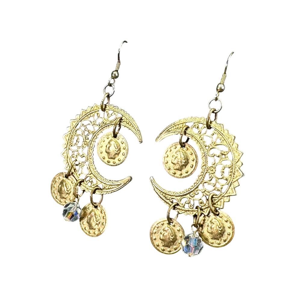 Vintage Crescent Moon Filigree Dangle Drop Hook Earrings- Gypsycore- Witchcore